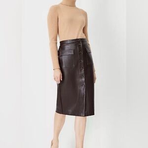 Ann Taylor 12 Brown Leather Skirt Button Pencil Faux Vegan Midi Long NWT $119